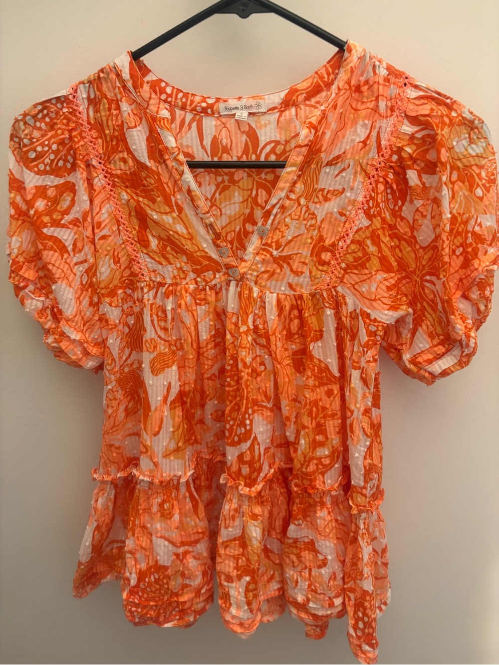 Poupette St. Barth Girl’s Aria Mini Orange Floral Peasant Tiered Dress, Size 6